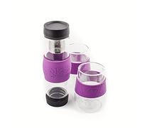 Set 3 Piezas: Botella Infusora para Té de Borosilicato Transparente 500 ml con Filtro de Acero Inoxidable + 2 Vasos Doble Pared de Cristal - Banda Silicona Antideslizante, BPA Free