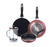 Set 3 sartenes san ignacio ø16/20/24 cm, aluminio prensado, aptas para inducción+cafetera de émbolo de vidrio borosilicato 15,8x10x18,8cm