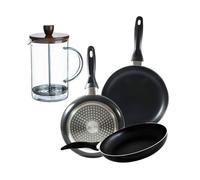 Set 3 sartenes san ignacio(16,20,24cm) aluminio prensado, apto para inducción+cafetera de émbolo de vidrio borosilicato 15,8x10x18,8cm