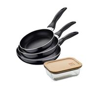 Set 3 sartenes san ignacio(16,20,24cm) aluminio prensado, apto para inducción+hermético de 650ml en vidrio de borosilicato 12 cm