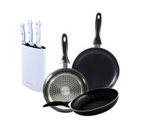 Set 3 sartenes san ignacio(16,20,24cm) aluminio prensado, apto para inducción+set de 3 cuchillos con tacoma en acero inoxidable 12 cm