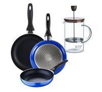 Set 3 sartenes san ignacio (16+20+24cm) aluminio prensado ind azul+cafetera de émbolo de vidrio borosilicato 15,8x10x18,8cm 20 cm