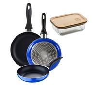 Set 3 sartenes san ignacio (16+20+24cm) aluminio prensado ind azul+hermético de 650ml en vidrio de borosilicato 12 cm