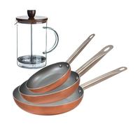 Set 3 sartenes san ignacio (18,22,26cm) aluminio prensado, aptas para inducción+cafetera de émbolo de vidrio borosilicato 15,8x10x18,8cm