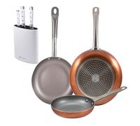 Set 3 sartenes san ignacio (18,22,26cm) aluminio prensado, aptas para inducción+juego de 3 cuchillos de acero inoxidable + tacoma en color blanco