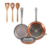 Set 3 sartenes san ignacio (18,22,26cm) aluminio prensado, aptas para inducción+set 3pcs utensilios de cocina acacia