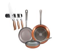 Set 3 sartenes san ignacio (18,22,26cm) aluminio prensado, aptas para inducción+set de 3 cuchillos en acero inoxidable con soporte magnético de pared