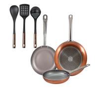 Set 3 sartenes san ignacio (18,22,26cm) aluminio prensado, aptas para inducción+ set de 3 utensilios de cocina de pbt negro y cobre 12 cm