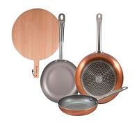 Set 3 sartenes san ignacio (18,22,26cm) aluminio prensado, aptas para inducción+tabla de corte redonda de 38x28x1,5cm en madera de haya 12 cm