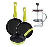 Set 3 sartenes san ignacio (20+24+28cm) aluminio prensado verde+cafetera de émbolo de vidrio borosilicato 15,8x10x18,8cm 20 cm
