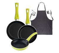 Set 3 sartenes san ignacio (20+24+28cm) aluminio prensado verde+delantal de cocina gris oscuro 100% algodón 75x80cm