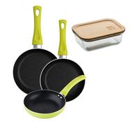 Set 3 sartenes san ignacio (20+24+28cm) aluminio prensado verde+hermético de 650ml en vidrio de borosilicato 12 cm