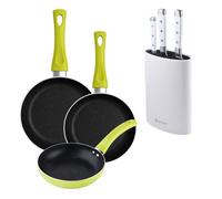 Set 3 sartenes san ignacio (20+24+28cm) aluminio prensado verde+juego de 3 cuchillos de acero inoxidable + tacoma en color blanco