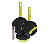 Set 3 sartenes san ignacio (20+24+28cm) aluminio prensado verde+pulverizador de aceite y vinagre ø4x17,5cm en acero inoxidable