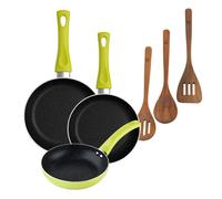 Set 3 sartenes san ignacio (20+24+28cm) aluminio prensado verde+set 3pc utensilios cocina madera acacia