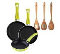 Set 3 sartenes san ignacio (20+24+28cm) aluminio prensado verde+set 3pcs utensilios de cocina acacia 12 cm