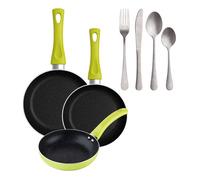 Set 3 sartenes san ignacio (20+24+28cm) aluminio prensado verde+set de 16 cubiertos en acero inoxidable 12 cm