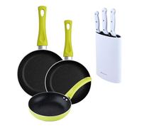 Set 3 sartenes san ignacio (20+24+28cm) aluminio prensado verde+set de 3 cuchillos con tacoma en acero inoxidable 20 cm