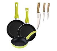 Set 3 sartenes san ignacio (20+24+28cm) aluminio prensado verde+set de 3 cuchillos de acero inoxidable para cocina