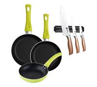 Set 3 sartenes san ignacio (20+24+28cm) aluminio prensado verde+set de 3 cuchillos en acero inoxidable con soporte magnético de pared