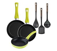 Set 3 sartenes san ignacio (20+24+28cm) aluminio prensado verde+ set de 3 utensilios de cocina de pbt negro y cobre 12 cm