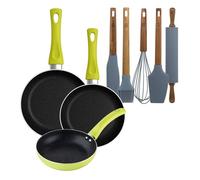 Set 3 sartenes san ignacio (20+24+28cm) aluminio prensado verde+set de 5 utensilios de cocina de silicona y madera de acacia