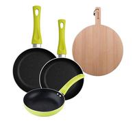 Set 3 sartenes san ignacio (20+24+28cm) aluminio prensado verde+tabla de corte redonda de 38x28x1,5cm en madera de haya 12 cm