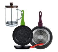 Set 3 sartenes san ignacio20/24/28 aluminio forjado, inducción+cafetera de émbolo de vidrio borosilicato 15,8x10x18,8cm