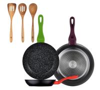 Set 3 sartenes San Ignacio20/24/28 aluminio forjado, inducción+Set 3pcs utensilios de cocina acacia