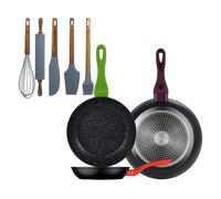 Set 3 sartenes san ignacio20/24/28 aluminio forjado, inducción+set de 5 utensilios de cocina de silicona y madera de acacia