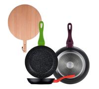 Set 3 sartenes san ignacio20/24/28 aluminio forjado, inducción+tabla de corte redonda de 38x28x1,5cm en madera de haya 12 cm