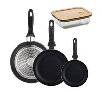 Set 3 sartenes Wellhome 16/20/24 aluminio prensado+Hermético de 650ml en vidrio de borosilicato
