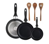 Set 3 sartenes wellhome 16/20/24 aluminio prensado+set 3pc utensilios cocina madera acacia 14 cm