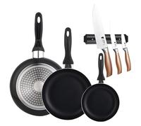 Set 3 sartenes Wellhome 16/20/24 aluminio prensado+Set de 3 Cuchillos en acero inoxidable con Soporte magnético de pared