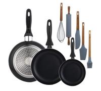 Set 3 sartenes wellhome 16/20/24 aluminio prensado+set de 5 utensilios de cocina de silicona y madera de acacia 14 cm