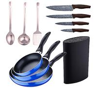 Set 3pc sarten (16+20+24cm) aluminio prensado, inducción, azul Navy Paradise con Set 3 pc utensilios cocina acero inoxidable con Set 4pc cuchillos ac