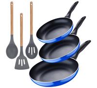 Set 3pc sarten (16+20+24cm) aluminio prensado, inducción, azul navy paradise con Set 3pc utensilios de cocina silicona madera