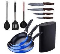 Set 3pc sarten (16+20+24cm) aluminio prensado, inducción, azul Navy Paradise con Set 3pc utensilios de cocina nylon con Set 4pc cuchillos acero inoxi