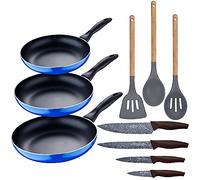 Set 3pc sarten (16+20+24cm) aluminio prensado, inducción, azul navy paradise con Set 3pc utensilios de cocina silicona madera con Set 4pc cuchillos a
