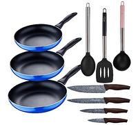Set 3pc sarten (16+20+24cm) aluminio prensado, inducción, azul Navy Paradise con Set 3pc utensilios de cocina nylon con Set 4pc cuchillos acero inoxi