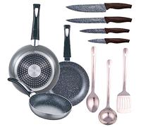 Set 3pc sarten (16+20+24cm) aluminio prensado, inducción, negra Soul Marble con Set 3 pc utensilios cocina acero inoxidable con Set 4pc cuchillos ace