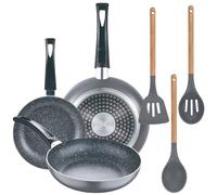 Set 3pc sarten (16+20+24cm) aluminio prensado, inducción, negra soul marble con Set 3pc utensilios de cocina silicona madera