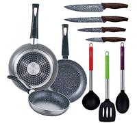 Set 3pc sarten (16+20+24cm) aluminio prensado, inducción, negra soul marble con Set 3pc utensilios de cocina nylon con Set 4pc cuchillos acero inoxid