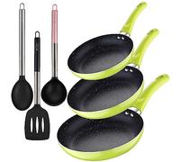 Set 3pc sarten (20+24+28cm) aluminio prensado verde con Set 3pc utensilios de cocina nylon