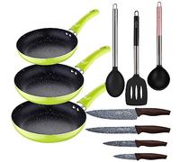Set 3pc sarten (20+24+28cm) aluminio prensado verde con Set 3pc utensilios de cocina nylon con Set 4pc cuchillos acero inoxidable