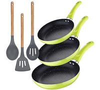 Set 3pc sarten (20+24+28cm) aluminio prensado verde con Set 3pc utensilios de cocina silicona madera