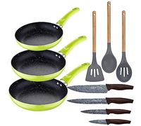 Set 3pc sarten (20+24+28cm) aluminio prensado verde con Set 3pc utensilios de cocina silicona madera con Set 4pc cuchillos acero inoxidable