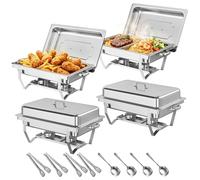 Set 4 Chafing Dish para Bufé de Acero Inoxidable | 9QT por Unidad | 2 Bandejas Full-Size & 4 Half-Size | Plegable & Apto para Lavavajillas | 64 cm para 32+ Personas | Fiestas, Bodas & Catering