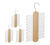 Set 4 Corbateros de Madera, Perchas Múltiples, hasta 20 Corbatas, Gancho Giratorio, para Armarios y Vestidores, Natural