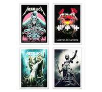 Set 4 cuadros base madera, Decoración Salón Modernos, Dormitorios, Habitación, Música Rock, Metallica con colgadores metálicos, (29 x 20 cm cada cuadro)